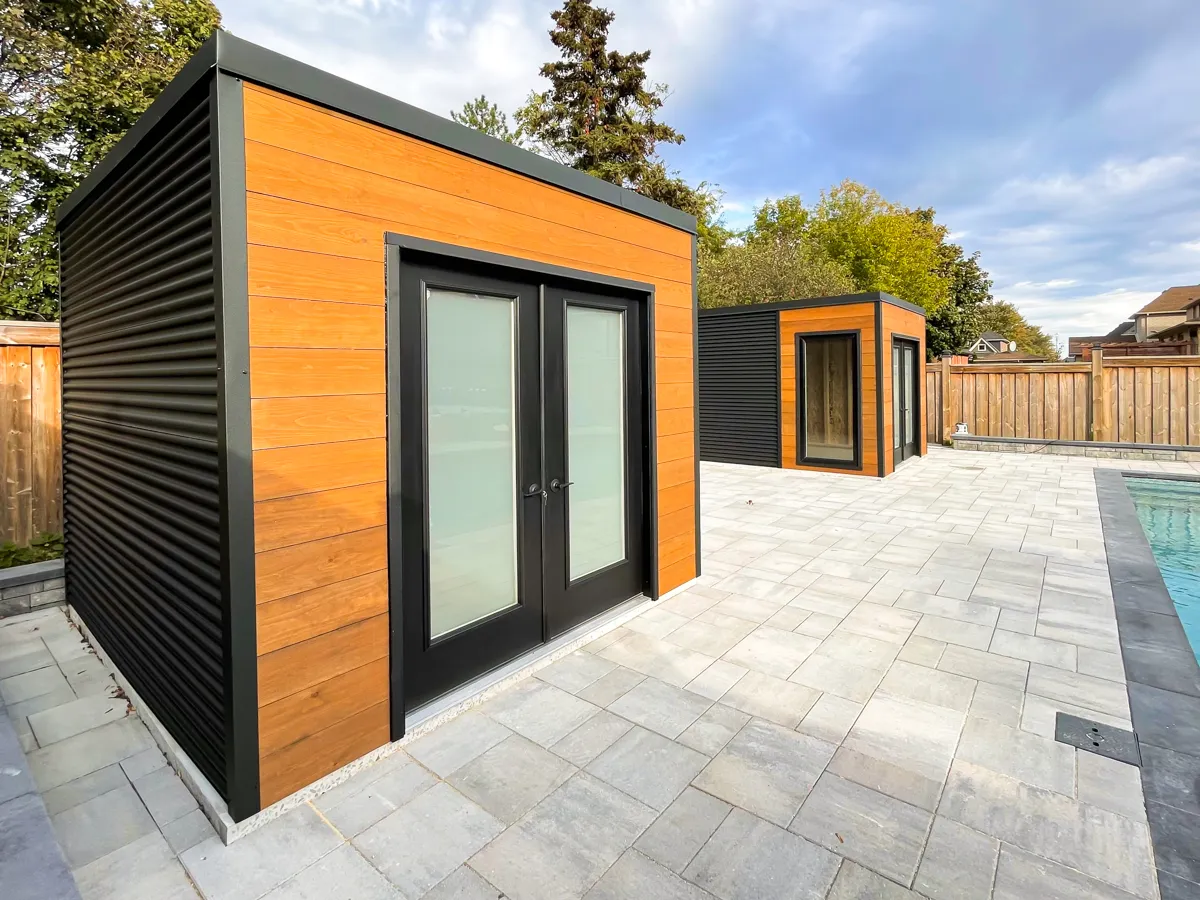 Double Pool Shed with french large doors near pool