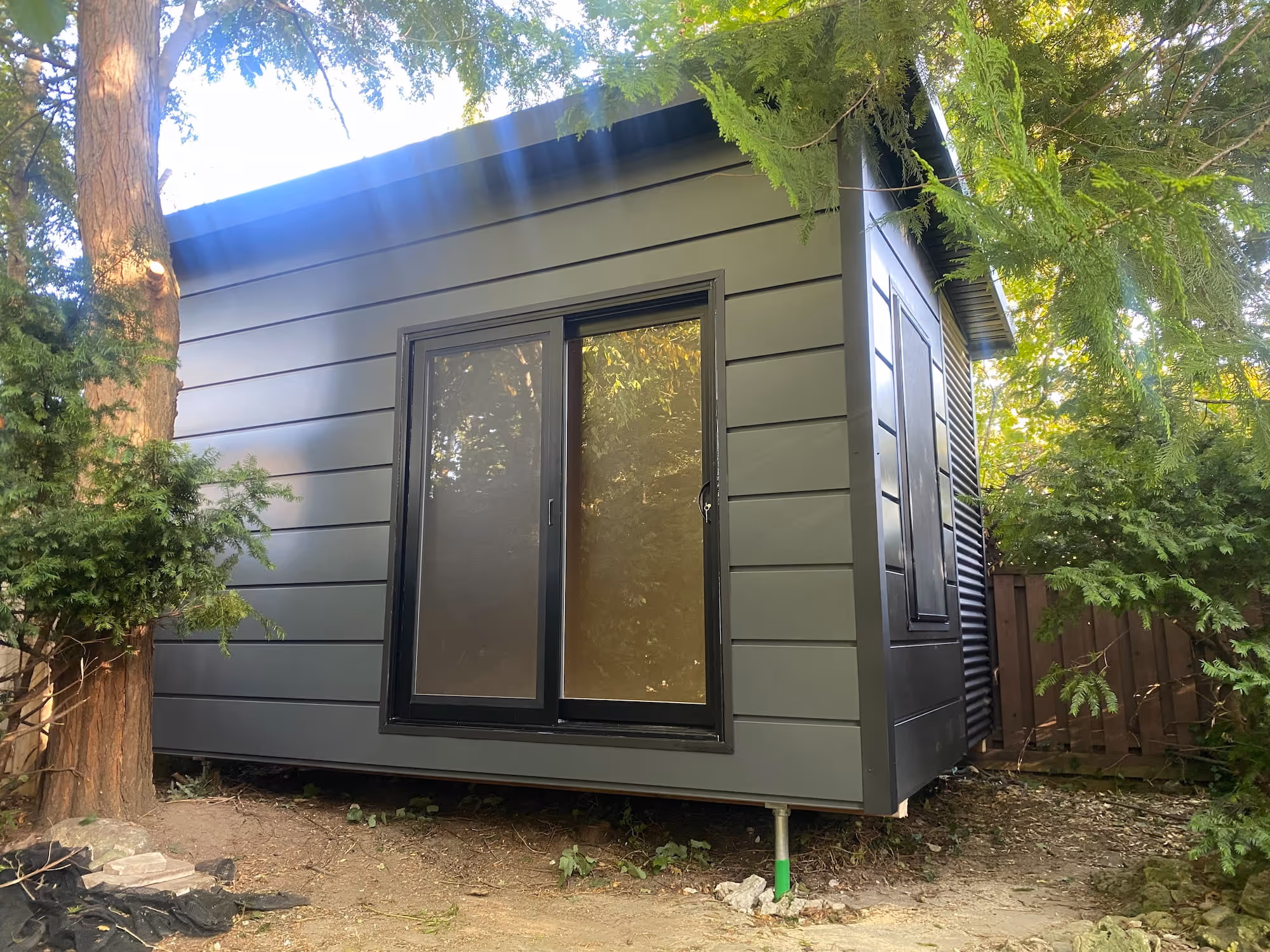 Grey steel garden shed