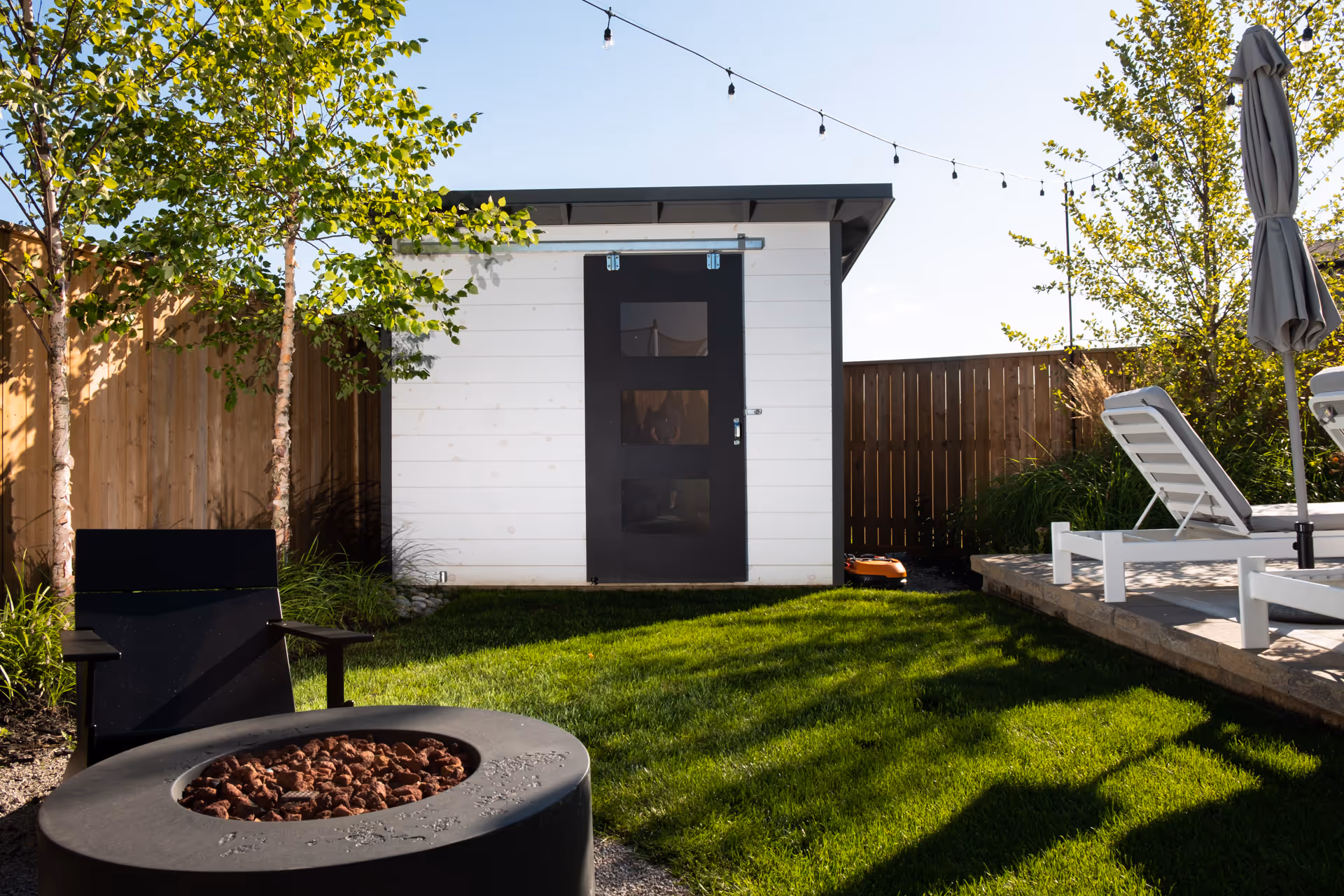 Custom white and black shed with Sliding door