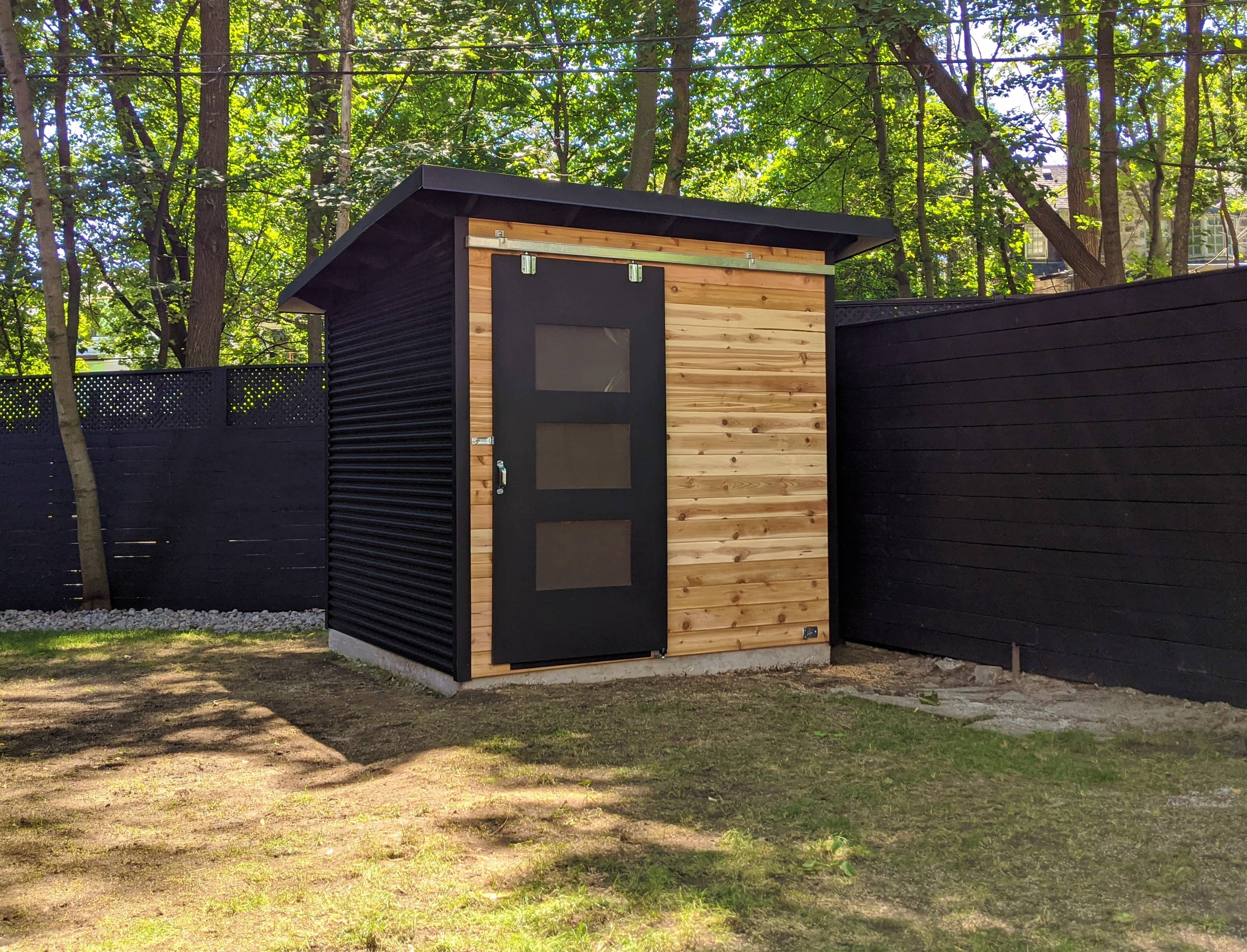 8' x 8' Essential Garden Shed with Natural Cedar Siding and Jet Black Steel