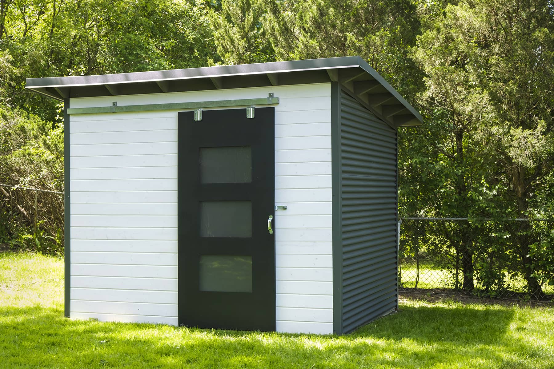 10' x 8' Essential Shed with White Satin Stain and Charcoal Steel