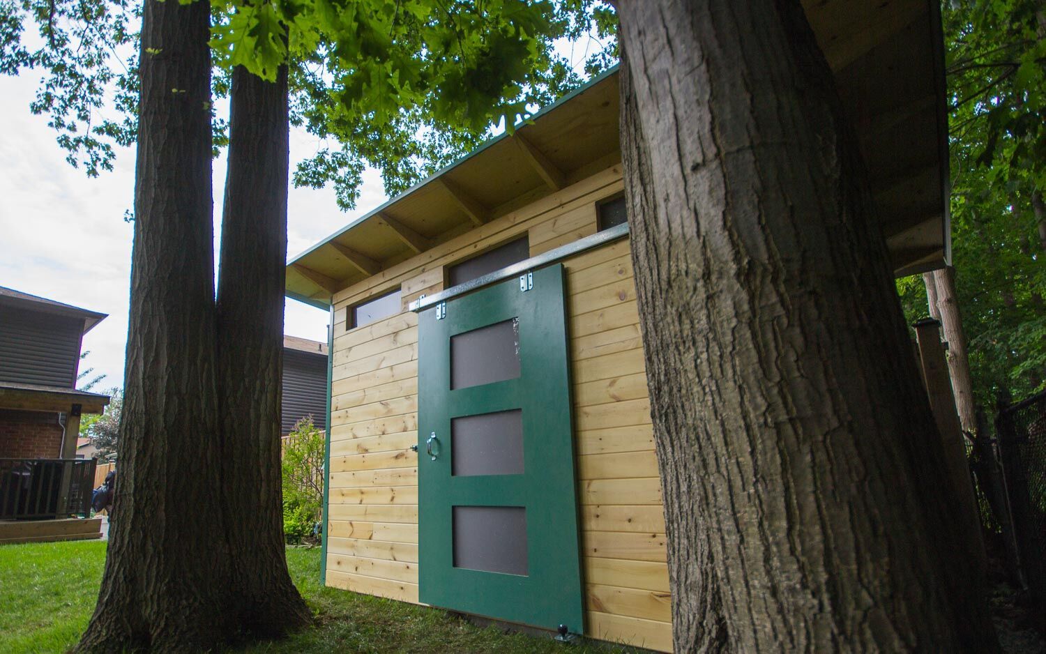 12' x 8' Advanced Garden Shed with Clear-coated Pine and Turquoise Steel