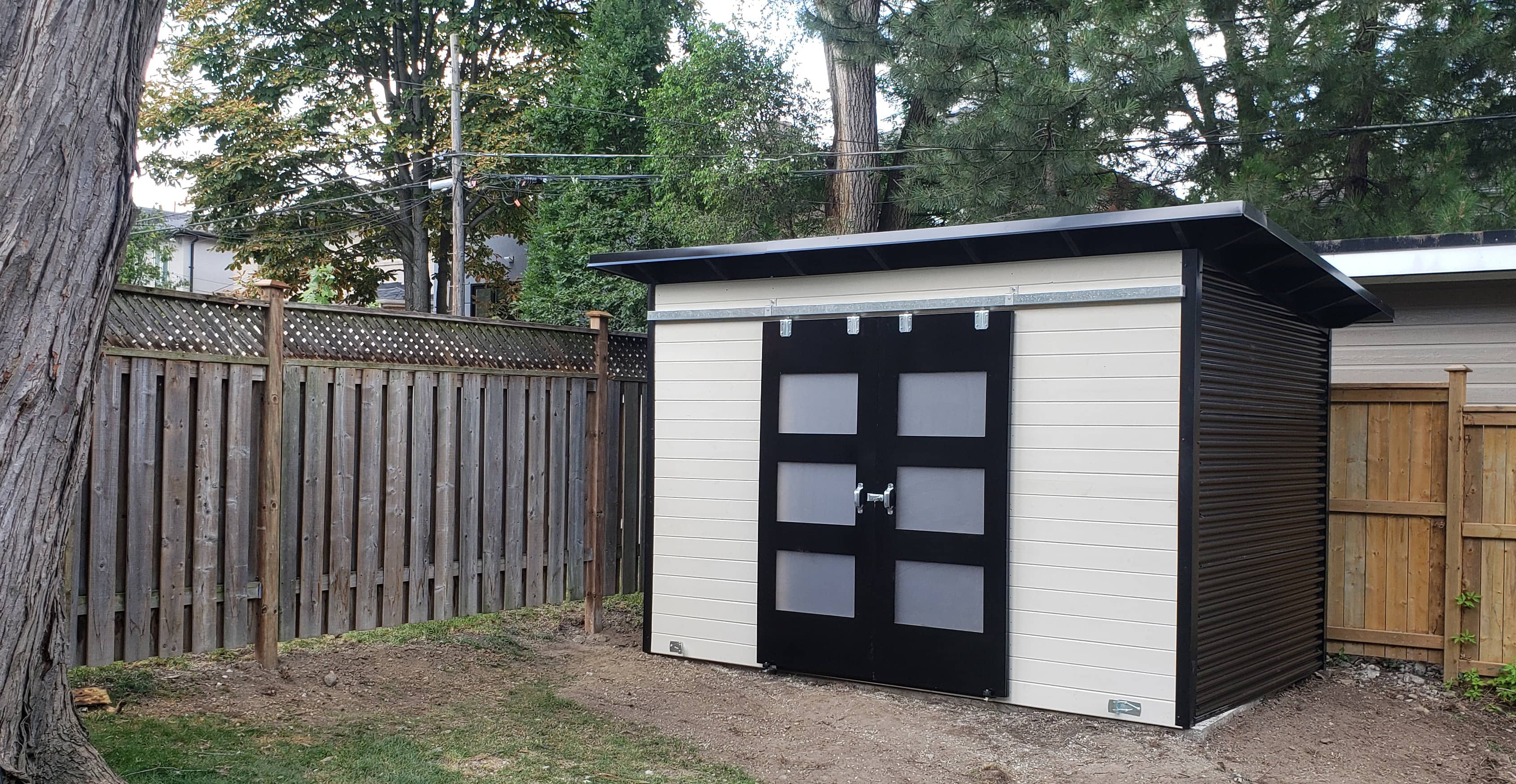 12' x 8' Essential Garden Shed with White Satin Stain and Jet Black Steel