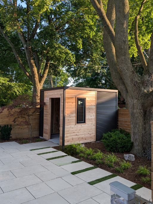 A cute cube shed with smart door
