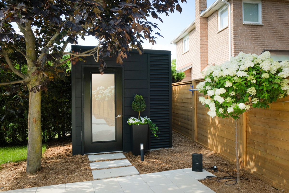 Modern black cube shed in a backyard with a glass door, stone pathway, and surrounding plants including a tree with white flowers.