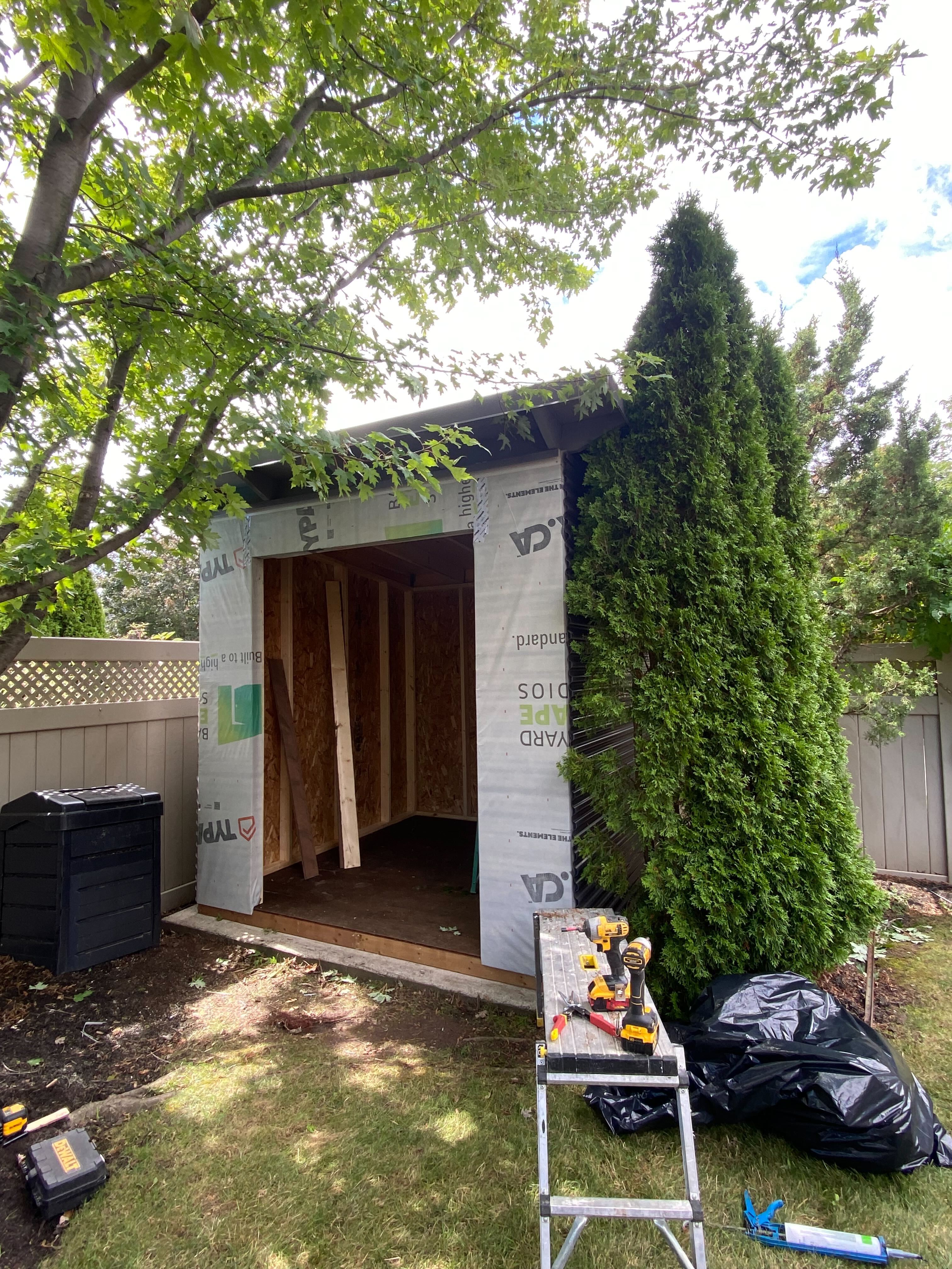 Cube shed framing during construction