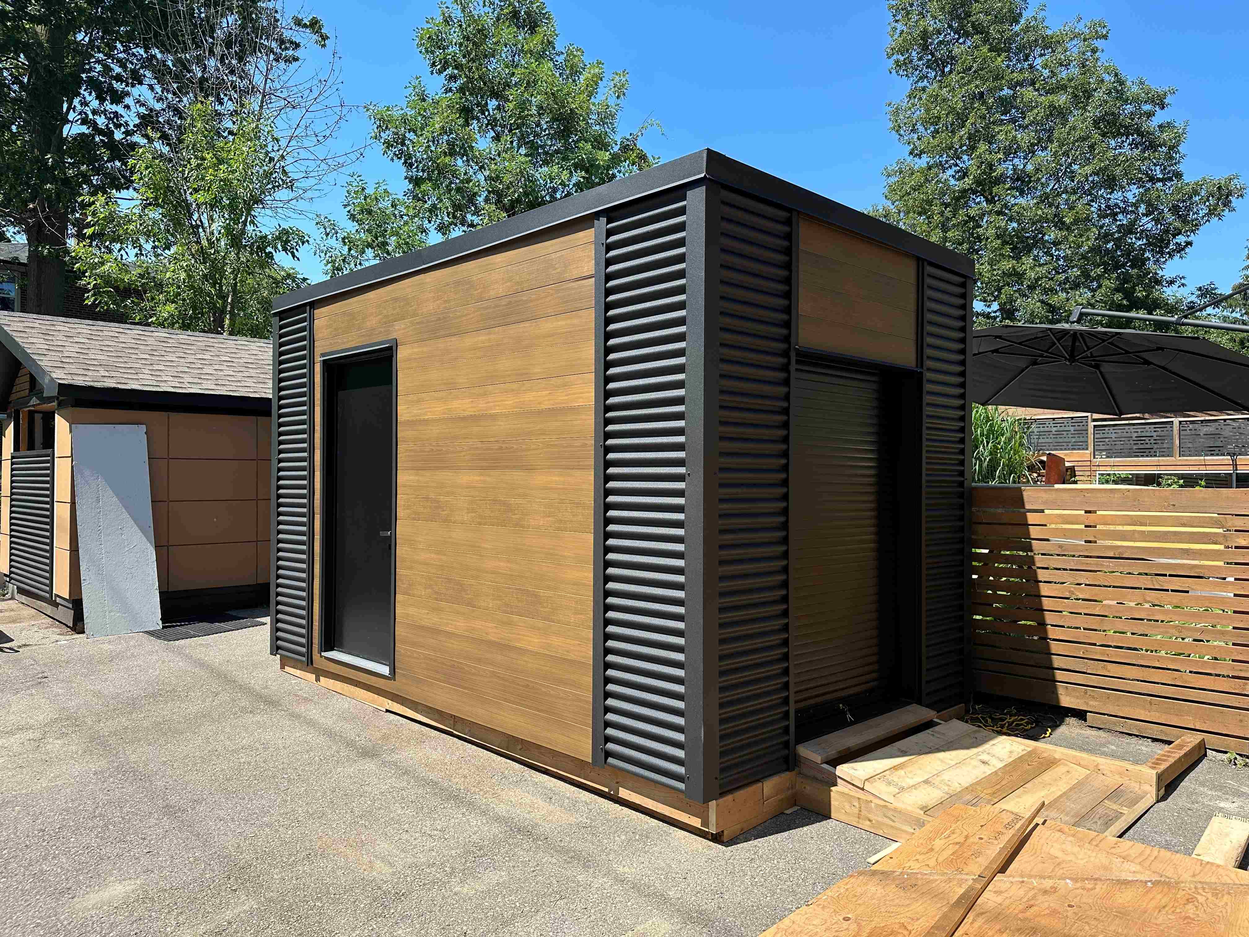 14x8 Cube Shed Muskoka Brown Wood and Steel in Mississauga with Shutter