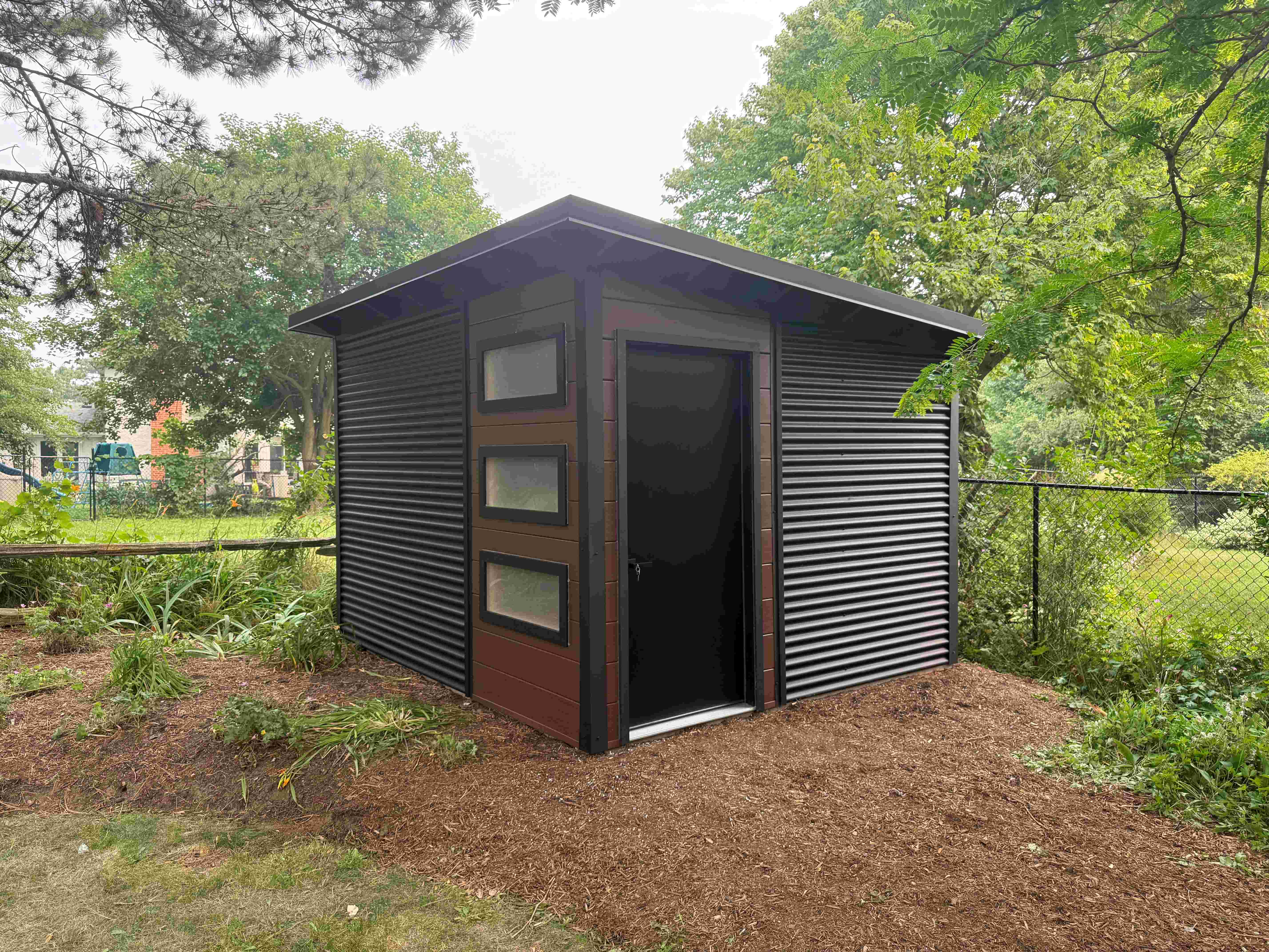 10x12 Essential Shed in Muskoka Brown with 3 frosted windows