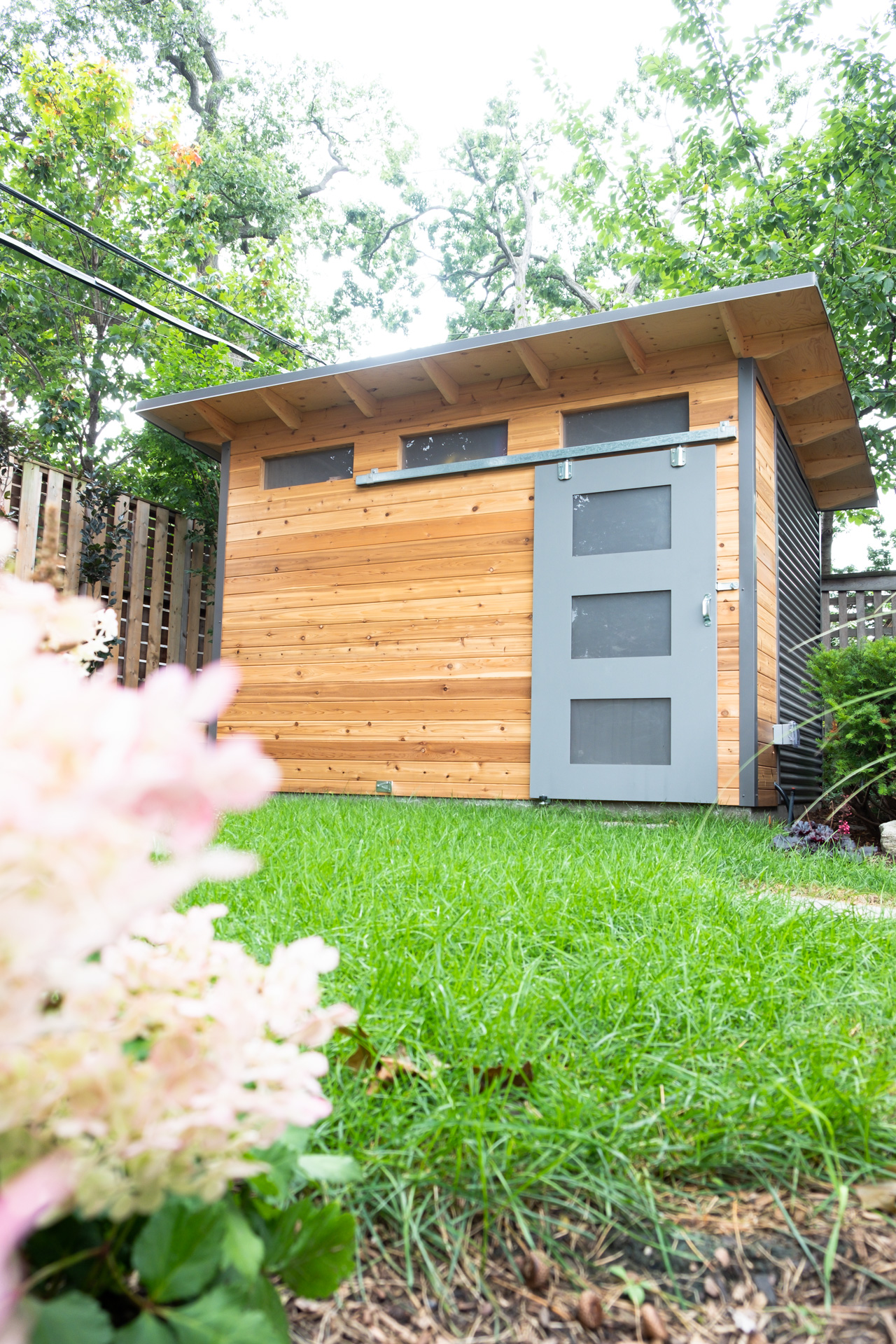 Low-angle view of 12x8 Advanced Shed in Toronto Ontario showing sliding charcoal barn door, three transom windows, and cedar horizontal siding against a mature garden backdrop, installed by Backyard Escape Studios.
