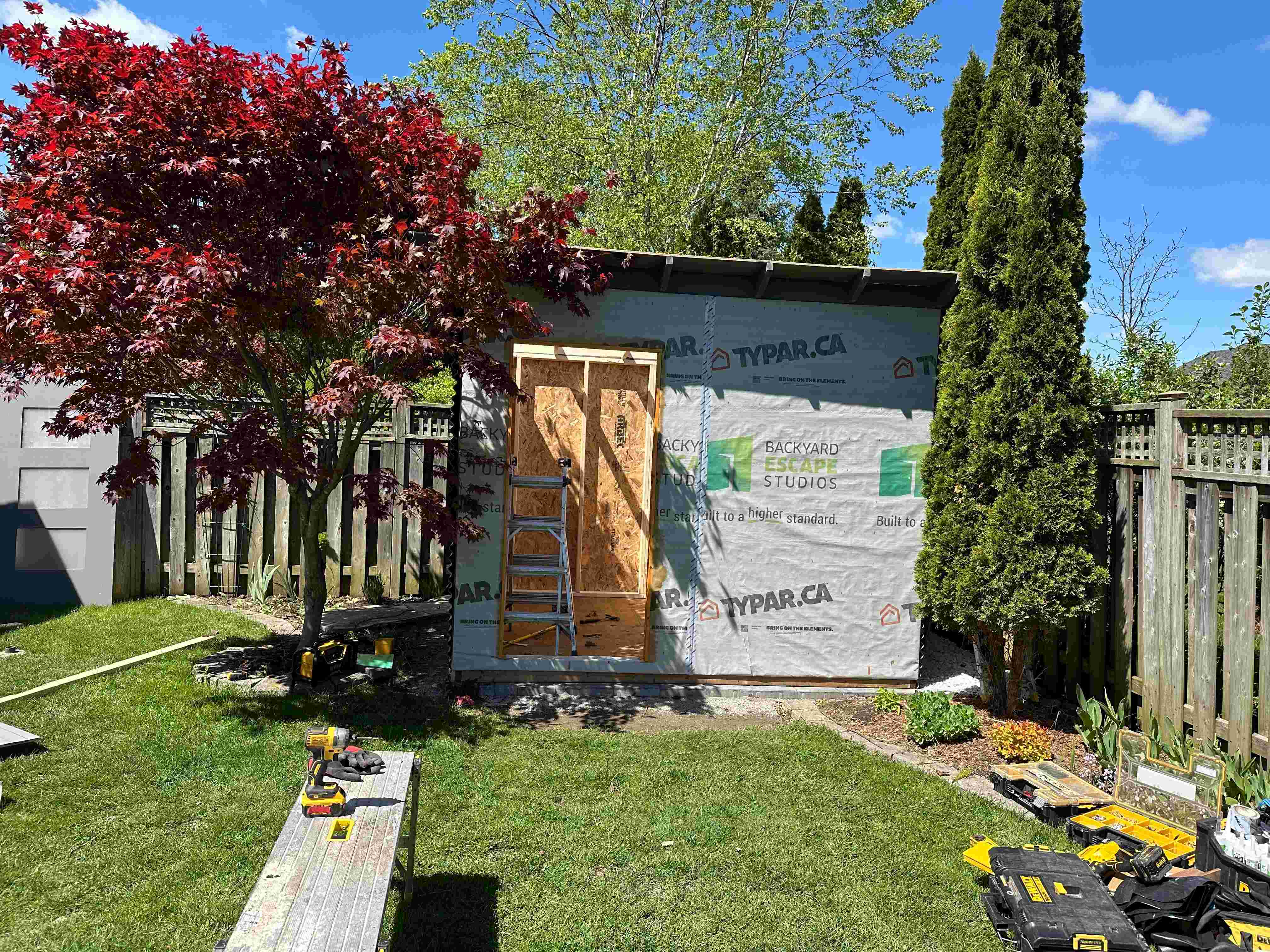 10x8 Essential Shed mid-installation in London Ontario showing cedar pine front wall framing and single-slope roof structure, built by Backyard Escape Studios.