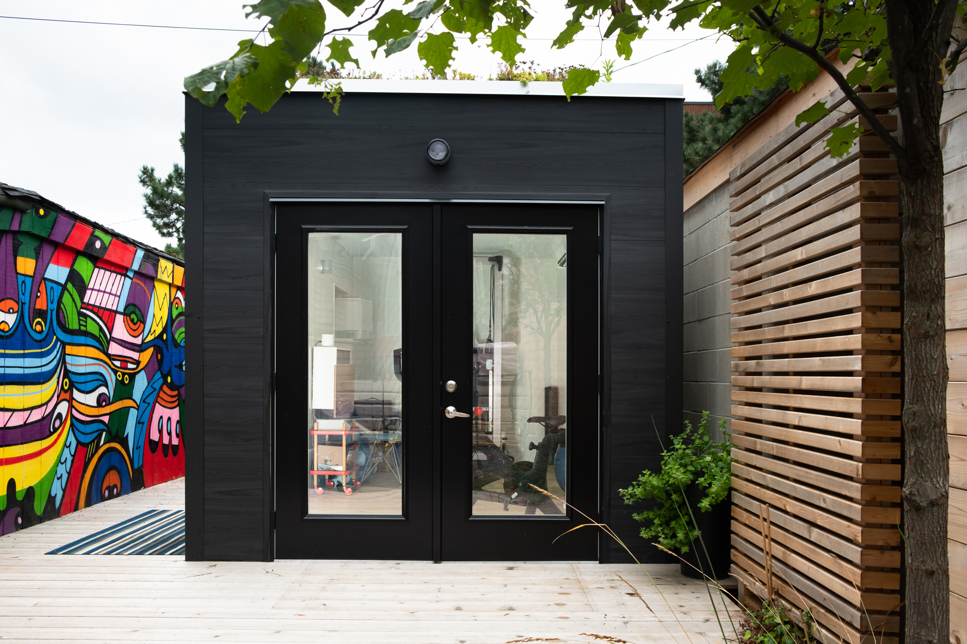 Elevated view of 16x9 EcoShed backyard studio in Toronto Ontario showing live sedum green roof and Galvalume trim detail installed by Backyard Escape Studios.