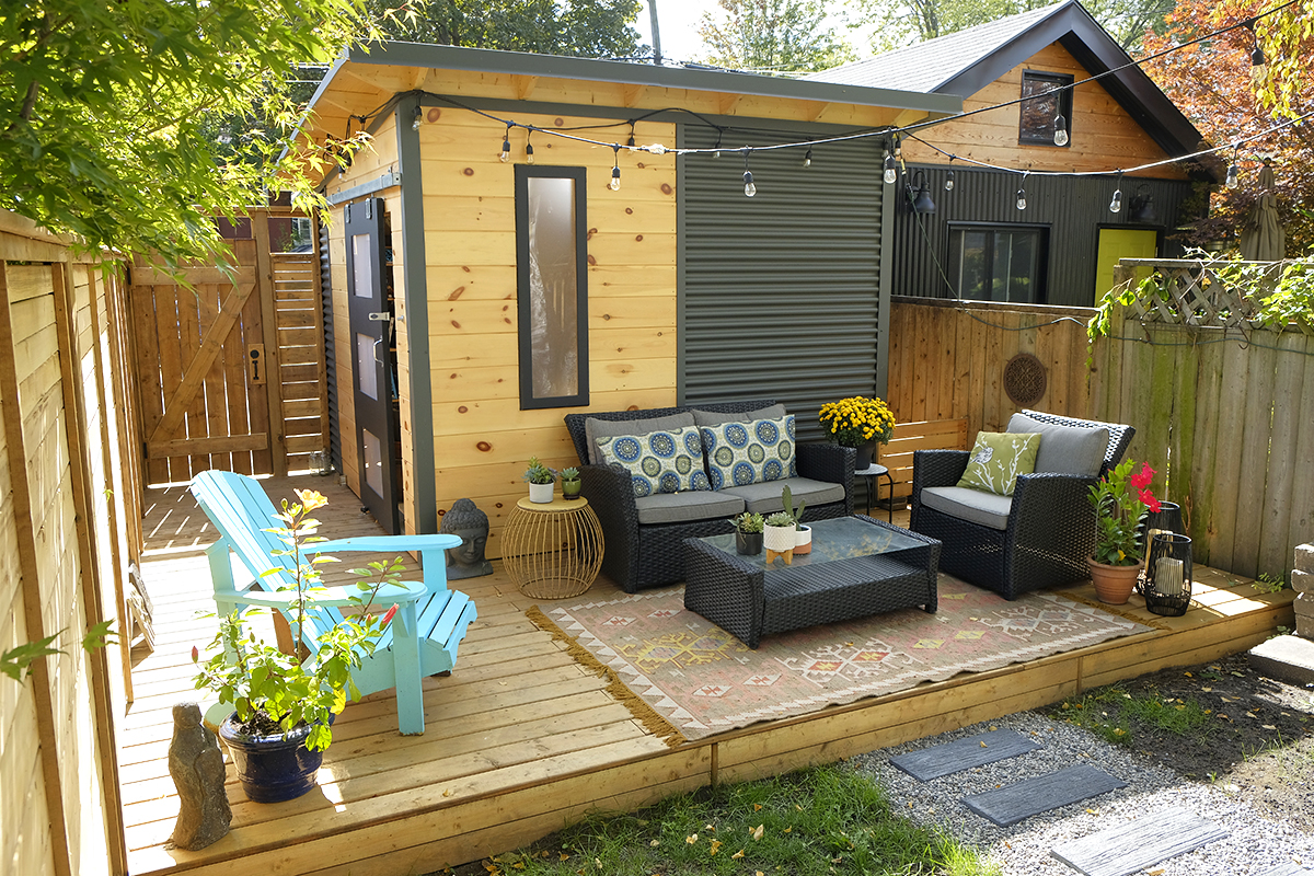 10x10 Garden Shed in Toronto Ontario with graphite grey corrugated steel and clear-coat pine front wall installed by Backyard Escape Studios.