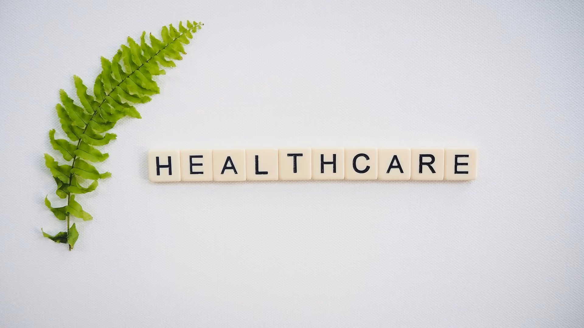 The word HEALTHCARE spelled with letter tiles next to a green fern leaf on white background.