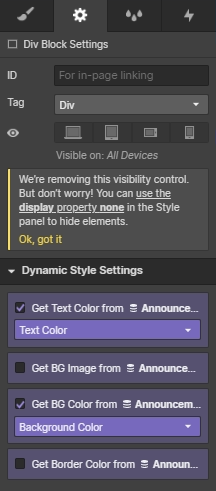 Configuring the "Announcement Bar" div to obtain colors from the Webflow CMS
