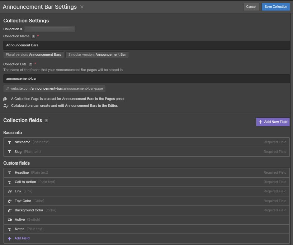 Screenshot of initial settings for "Announcement Bar" Collection in Webflow CMS