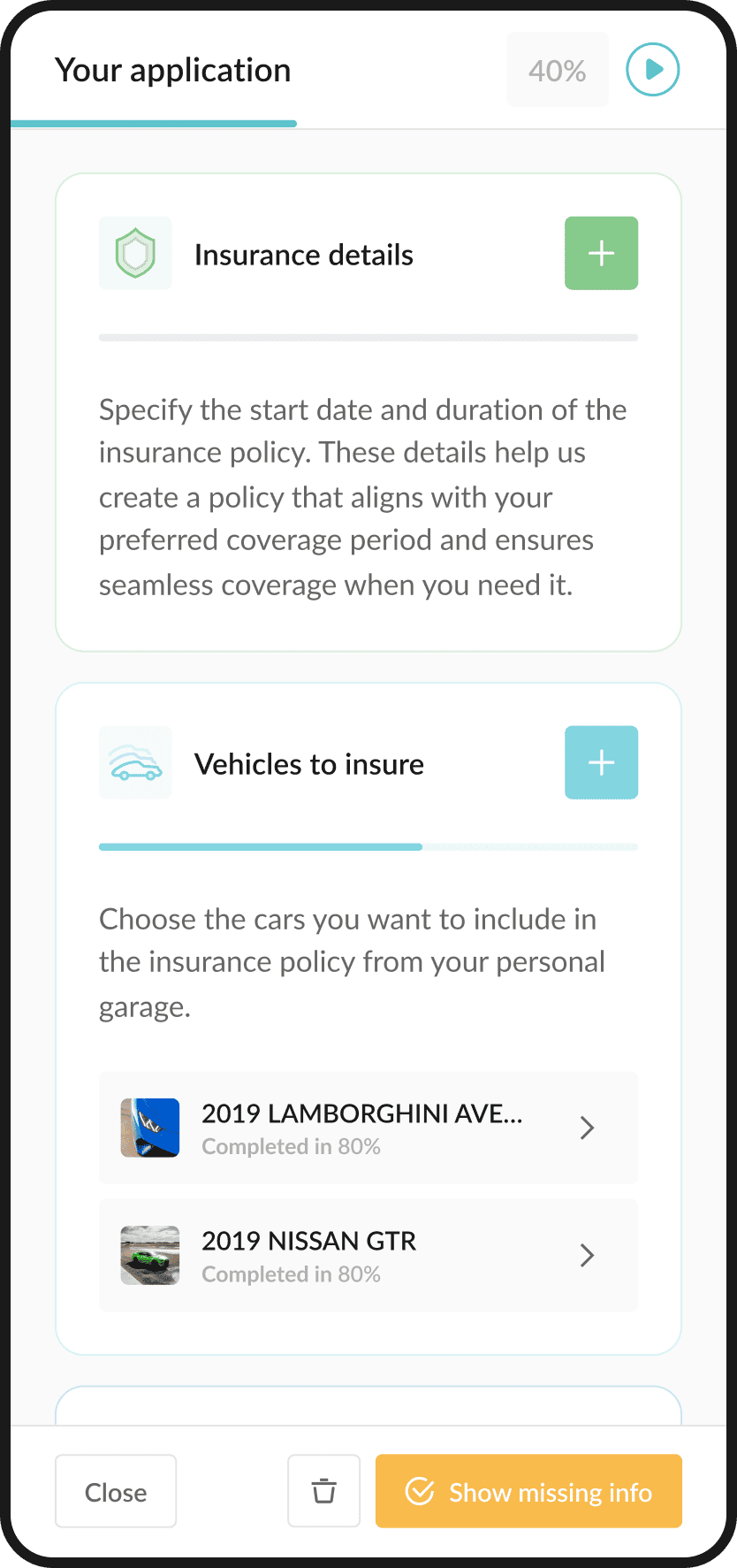 Insurance section - Mobile application screen