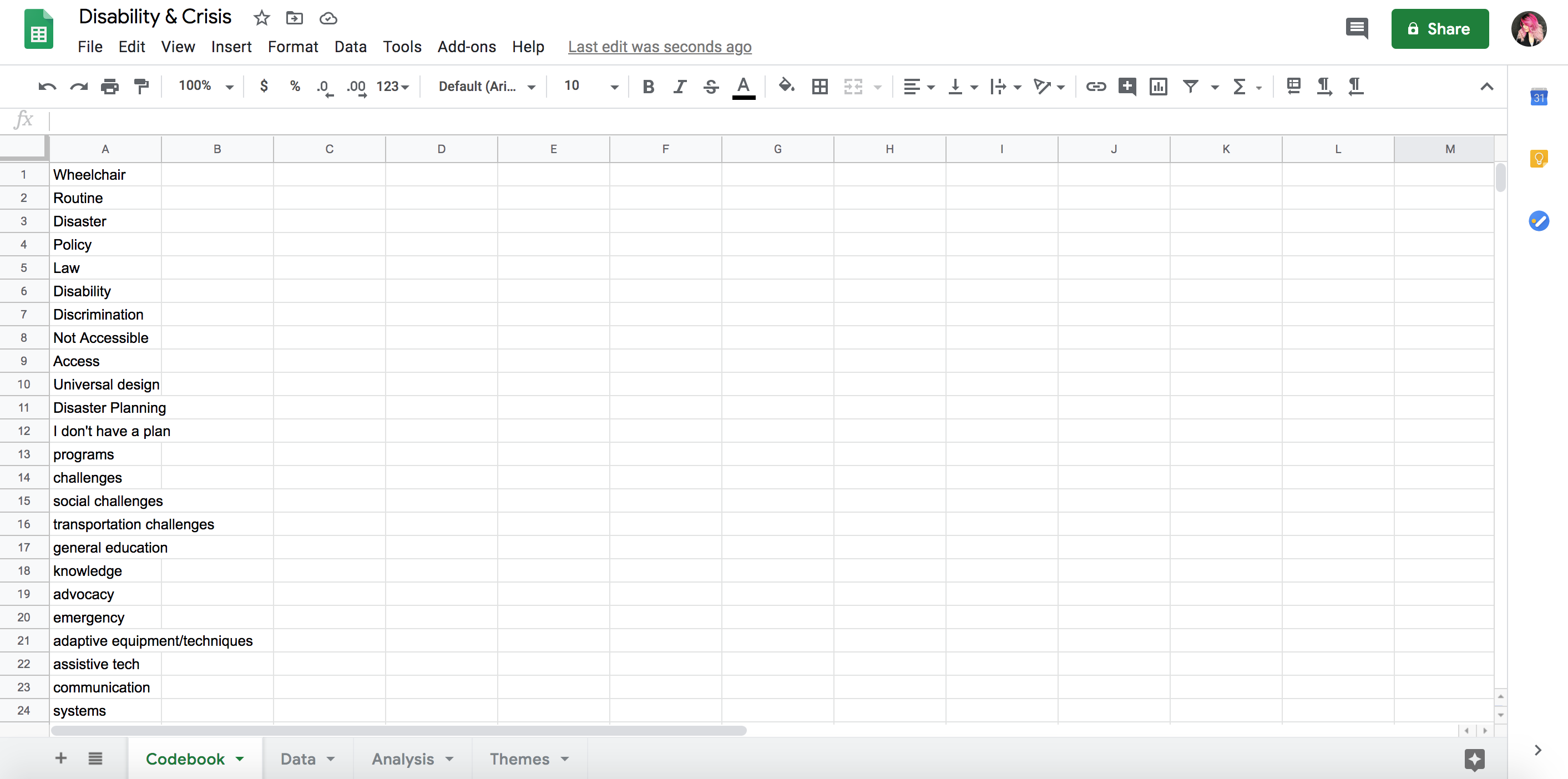 Google Excel sheet of terms related to disability