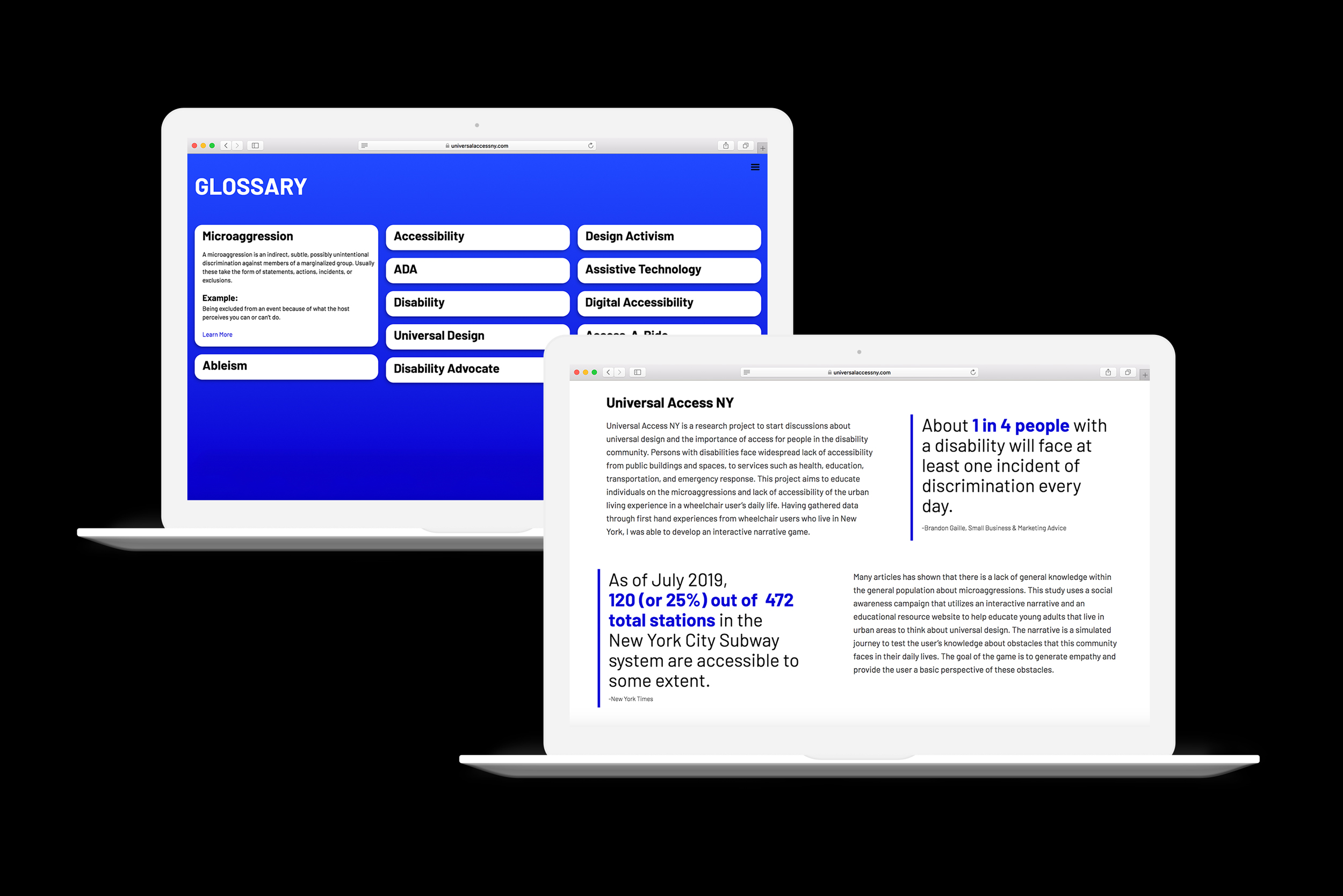 Two floating laptops that intersect displaying website content from the Universal Access NY website.
