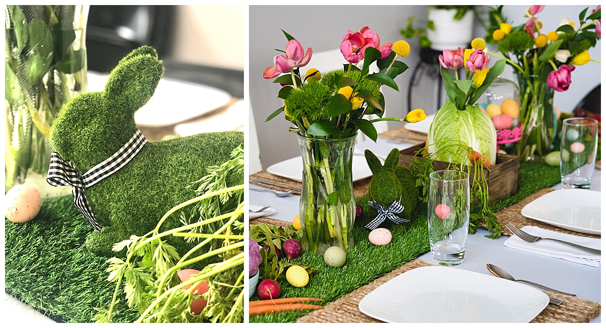 a table with a bunny and flowers