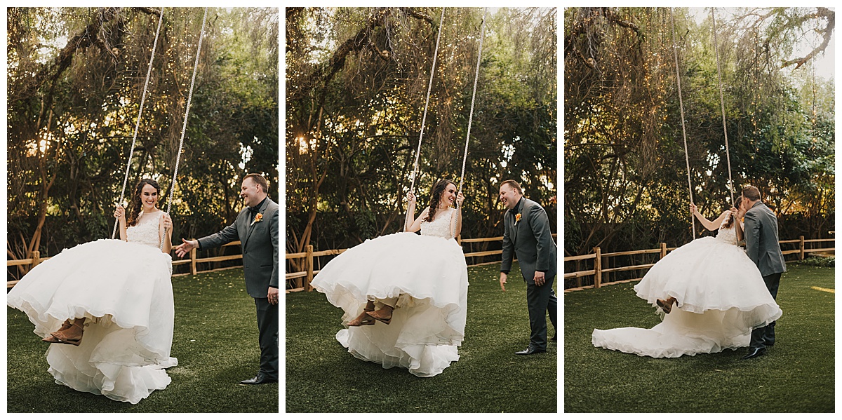 a collage of a bride and groom on a swing