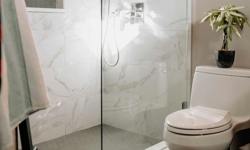 a bathroom with a toilet and shower