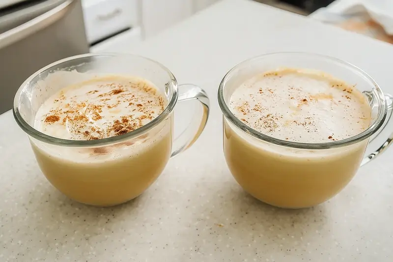 Two mugs of pumpkin spice latte made with real pumpkin