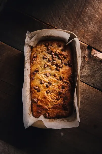 Chocolate chip banana bread in a parchment-lined loaf pan