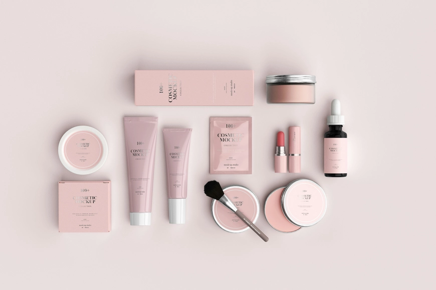 Pink skincare products laid out on a pink background