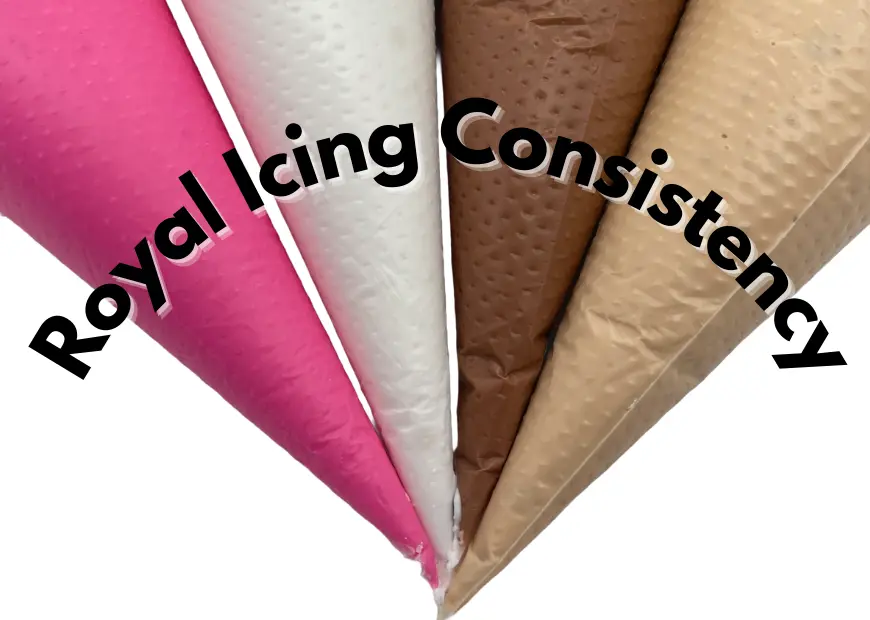 Piping bags of pink, white and brown royal icing with the words "Royal Icing Consistency"