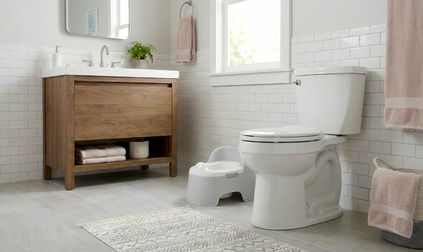 Bathroom with a toddler potty next to the toilet