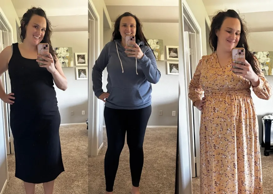 Mom taking mirror selfies in three breastfeeding-friendly outfits