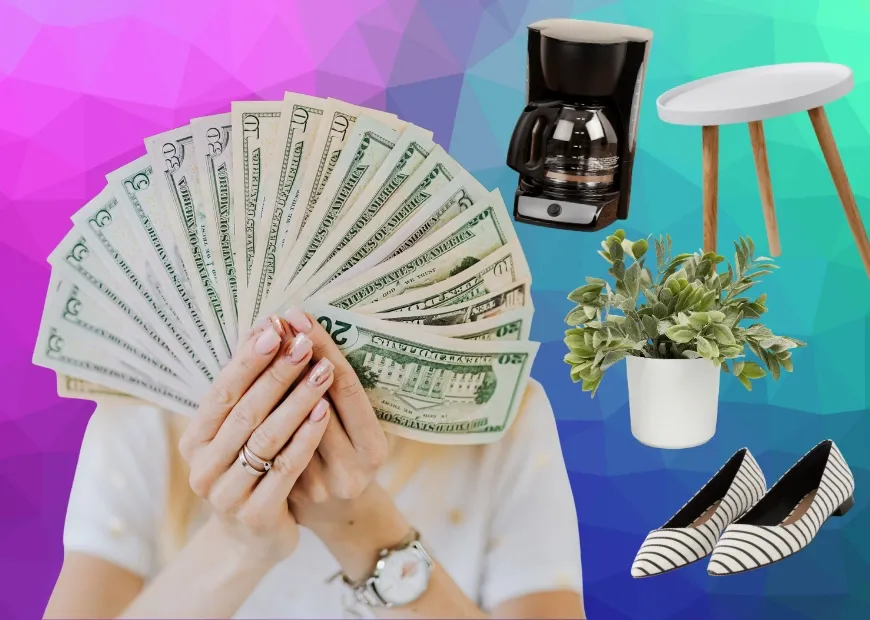 Woman fanning out a handful of cash next to household items for resale