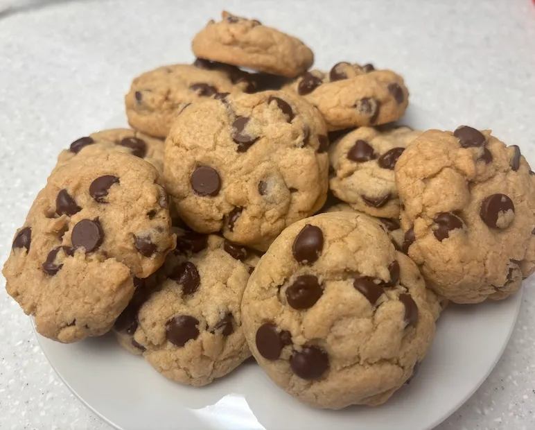 Plate of chewy dairy-free, gluten-free chocolate chip cookies