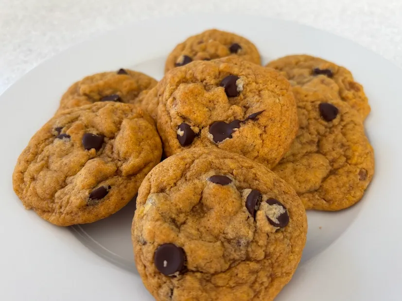 Chewy pumpkin chocolate chip cookies on a white plate