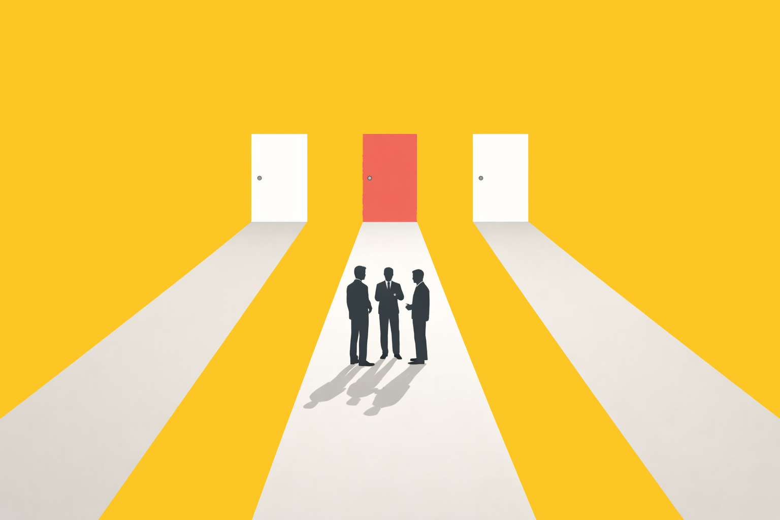 Illustration of three upward arrows with staircases, two in dark blue and one larger in white, with small silhouetted people looking toward the white arrow.