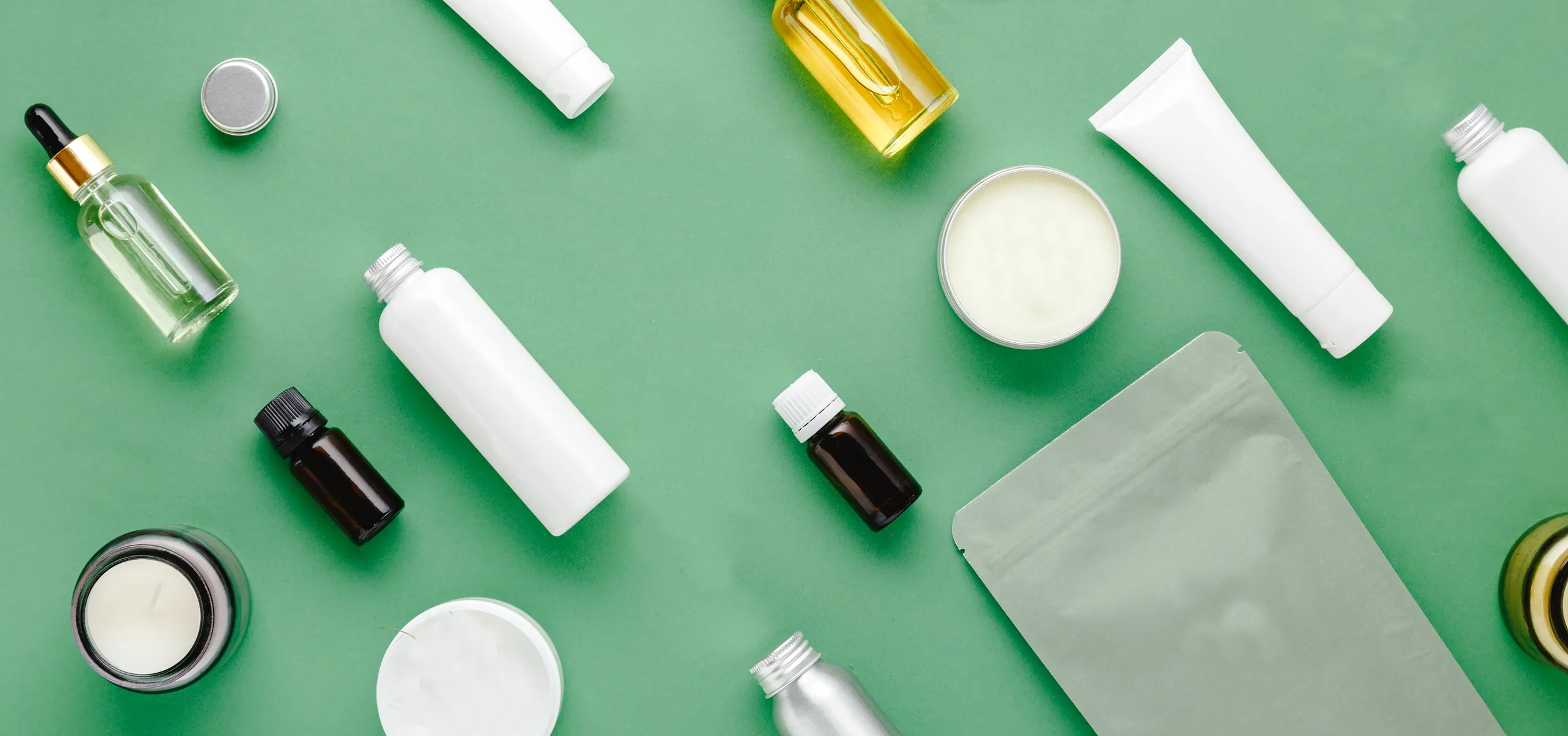 Tinctures, dropper bottles, jars and pouches for cosmetic and CBD packaging
