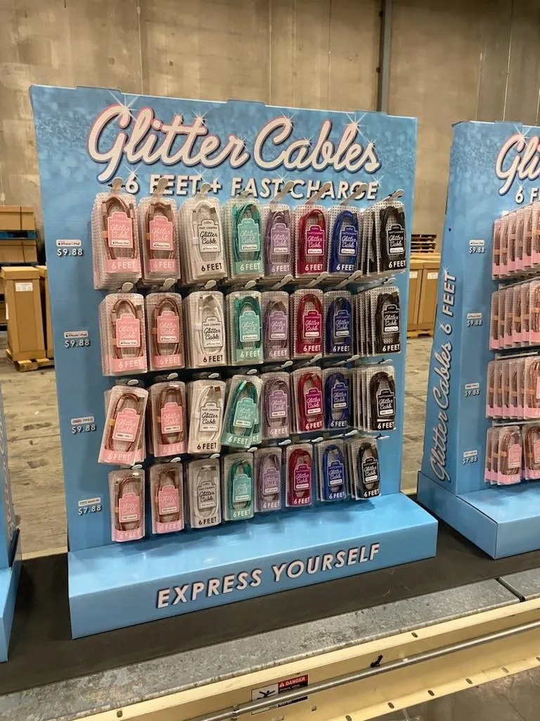Custom retail floor display for Glitter Cables phone chargers by Creative Edge Packaging