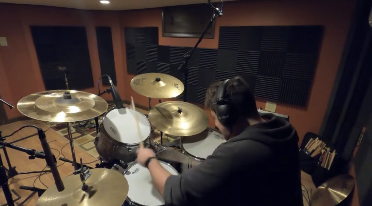 Jim playing a Slingerland drum kit.