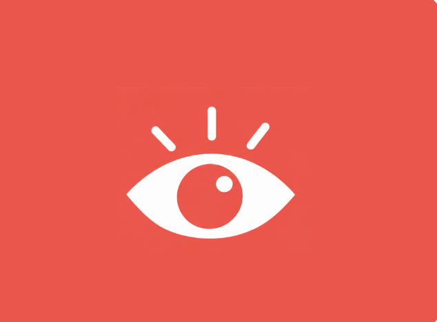 White eye icon on red background.