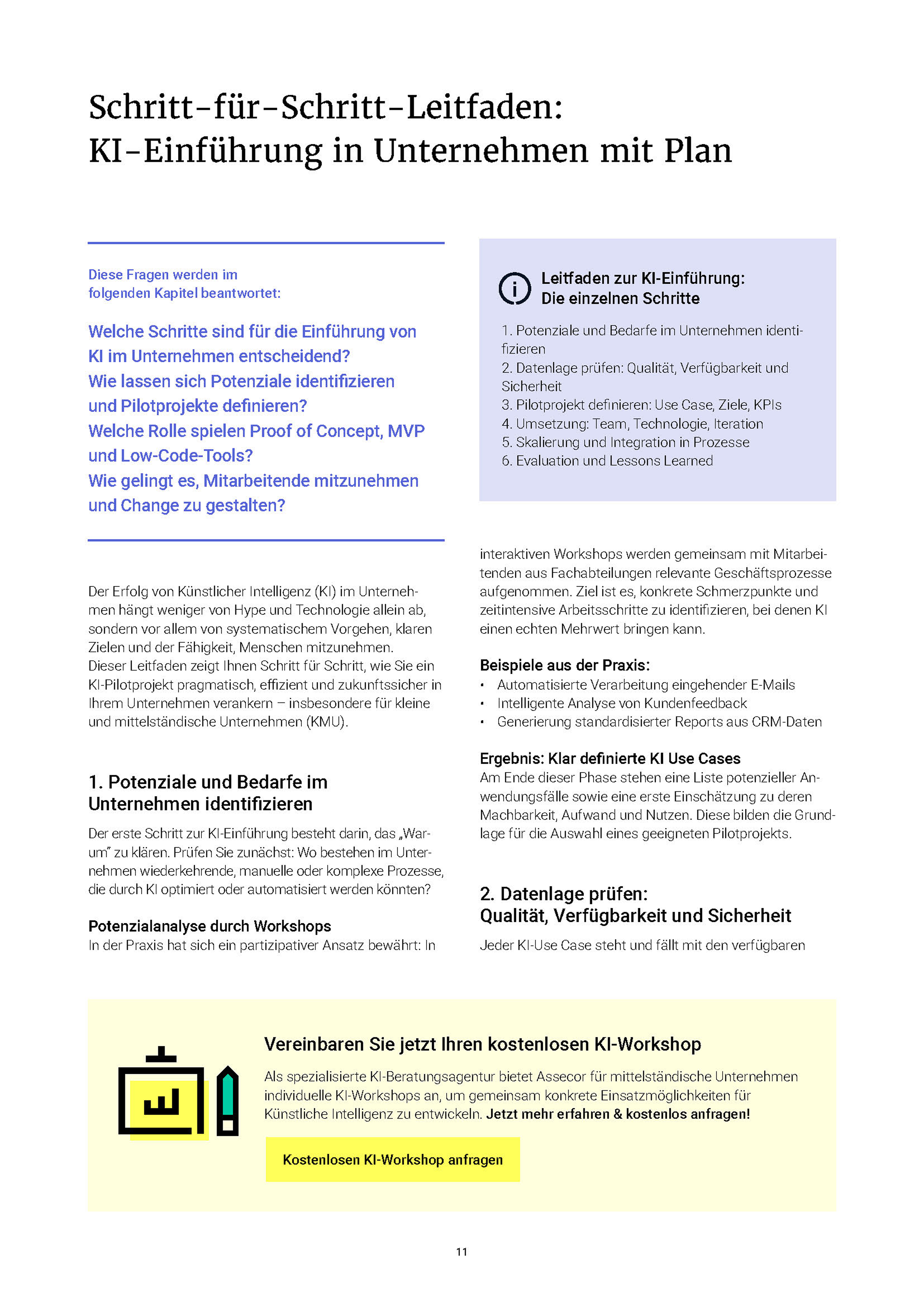 Vorschau Doppelseite des Whitepapers: Schritt-für-Schritt-Leitfaden zur KI-Einführung im Unternehmen. Enthalten sind die ersten beiden Schritte: Potenziale und Bedarfe identifizieren sowie Datenlage prüfen – speziell für kleine und mittlere Unternehmen. 