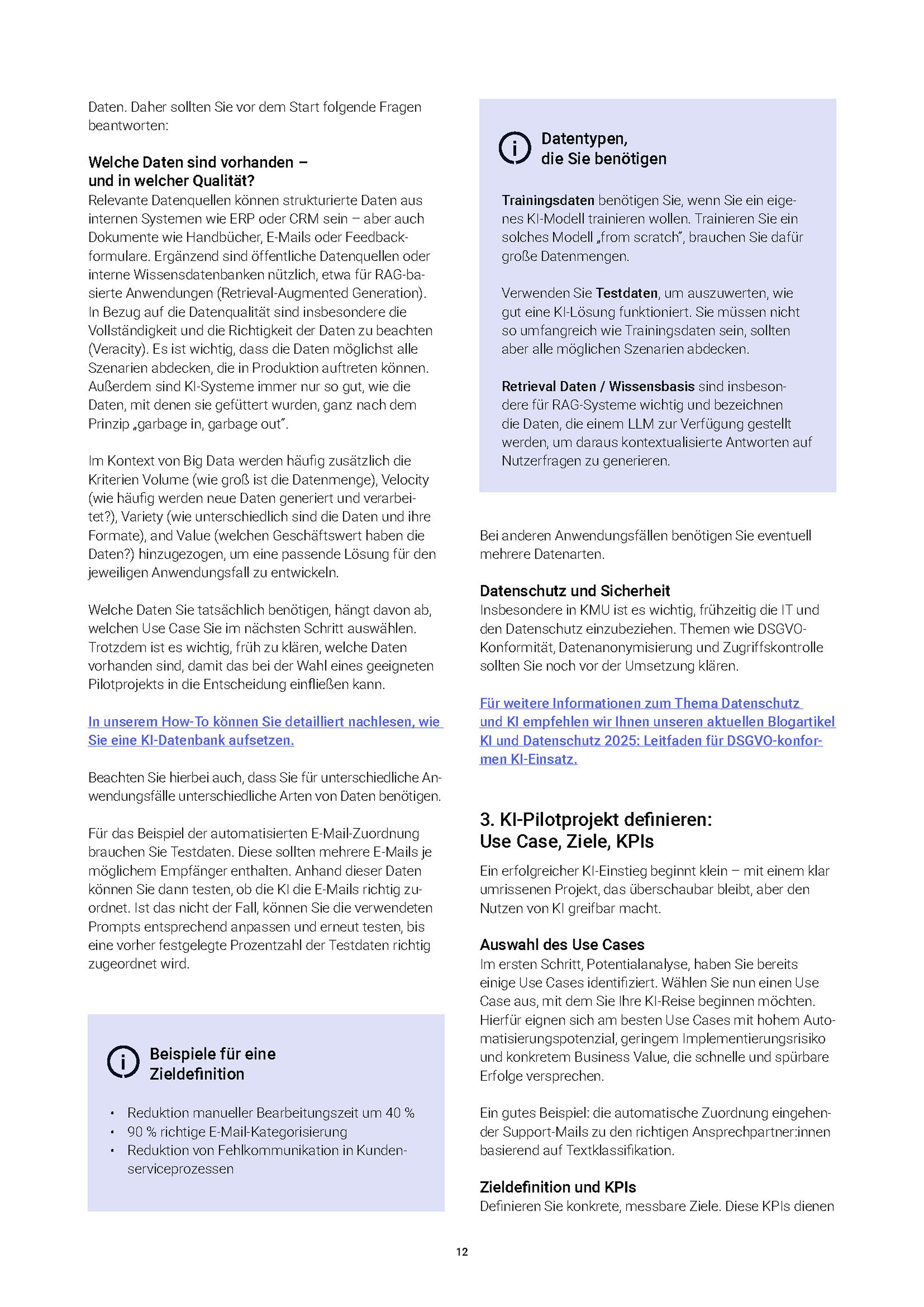 Vorschau Doppelseite des Whitepapers: Schritt-für-Schritt-Leitfaden zur KI-Einführung im Unternehmen. Enthalten sind die ersten beiden Schritte: Potenziale und Bedarfe identifizieren sowie Datenlage prüfen – speziell für kleine und mittlere Unternehmen. 