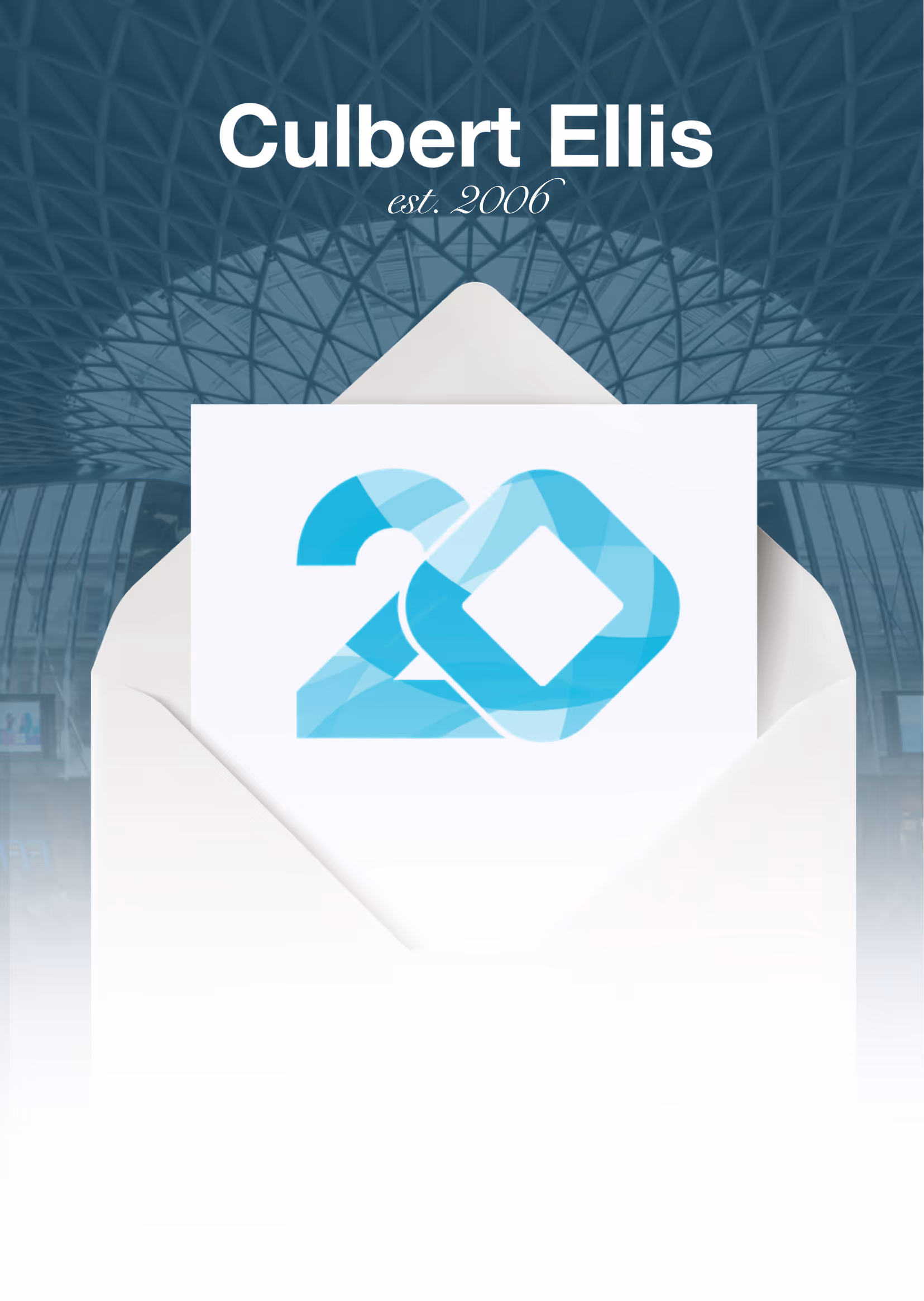 Open envelope with a card showing a stylized blue number 20, set against a geometric ceiling background, with text reading 'Culbert Ellis est. 2006' above.