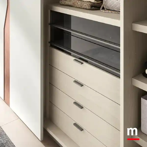 Armadiatura scorrevole Brezza con cassetti interni in vetro Moretti Compact Giorno Notte