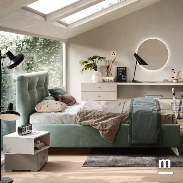 Letto step piazza e mezza con tessuto Velvet 17 azzurro carta da zucchero con comodino wall box , con box contenitore