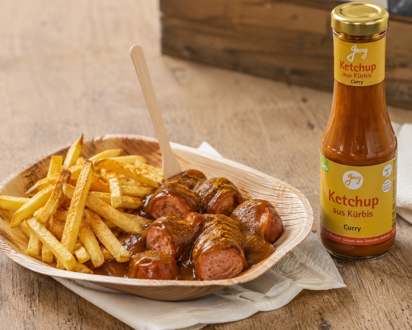 Currywurst mit Kürbisketchup und Pommes