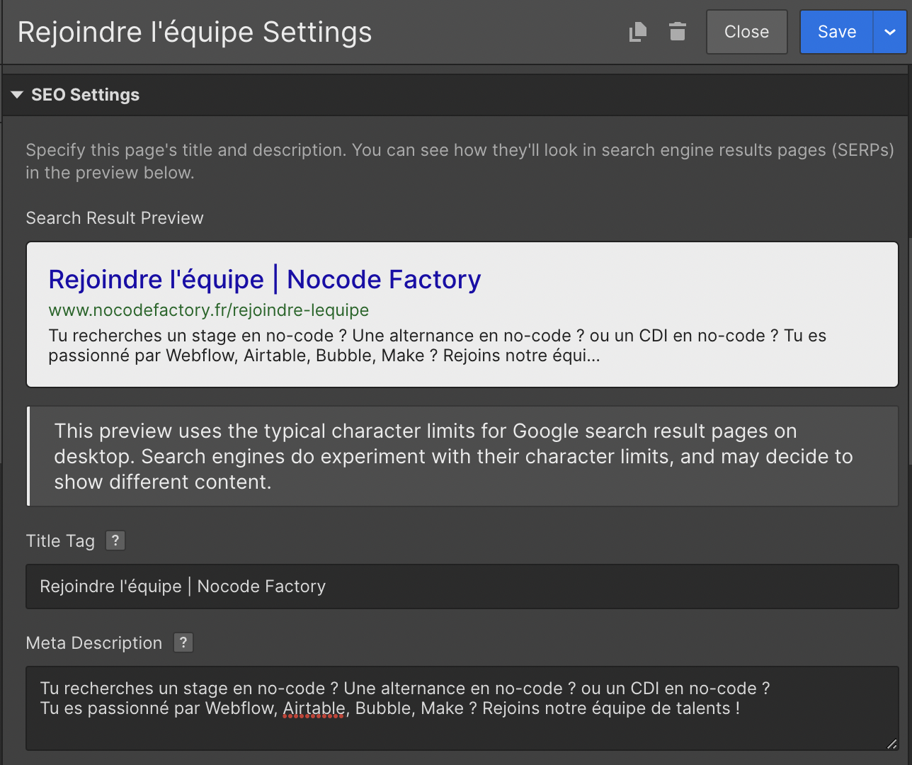 paramètre SEO d'une page sur Webflow