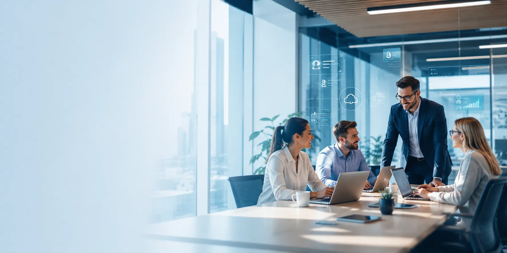 Four businesspeople in a modern office smiling and discussing work around a conference table with laptops.
