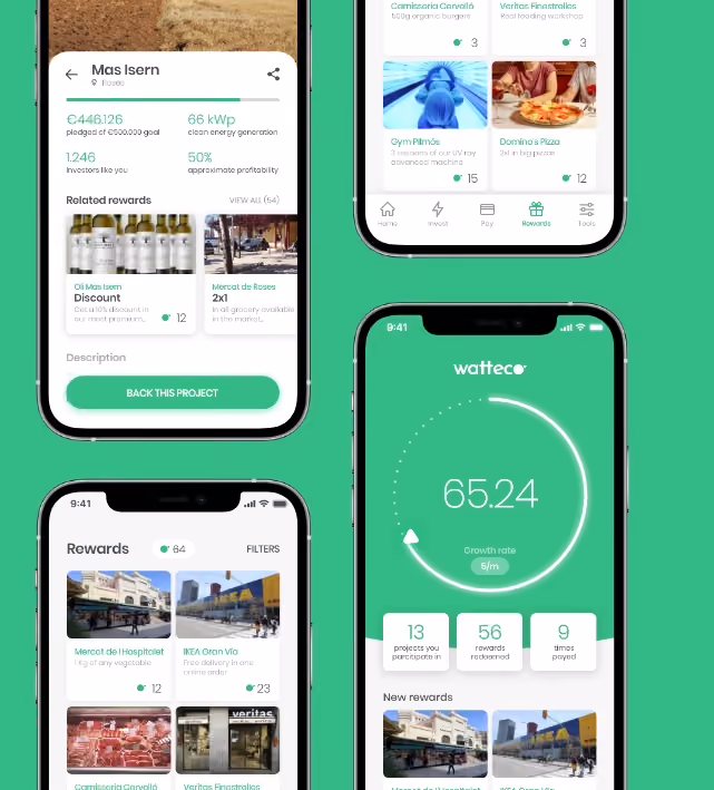 Pantalles de l'app de Watteco: projectes, cartera i recompenses