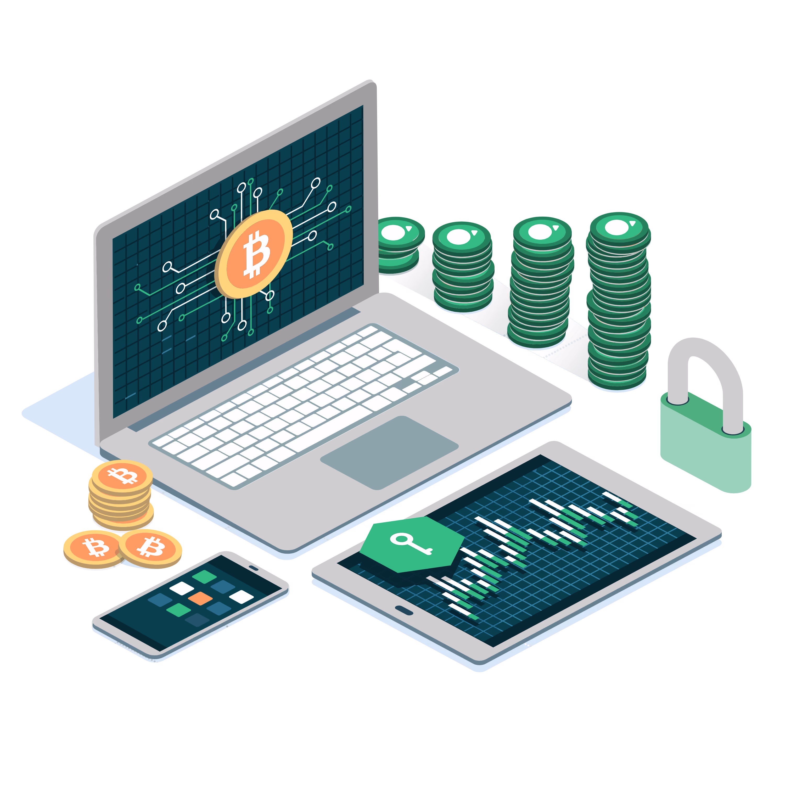 Il·lustració de dispositius amb monedes digitals i un cadenat: blockchain i energia neta