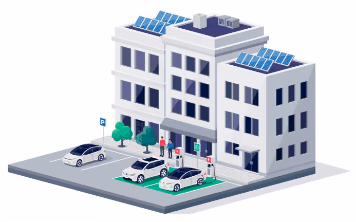 Ilustración de un bloque de pisos con placas solares en la azotea y puntos de recarga